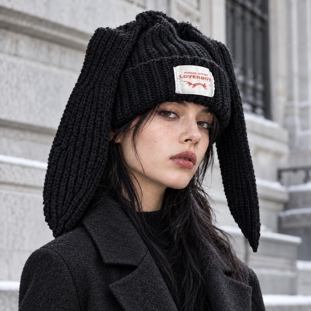 Charles Jeffrey Loverboy Chunky Ears Beanie Black Lambswool Knit Hat